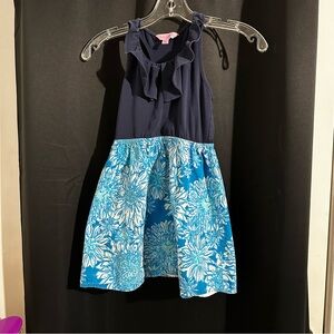 Lilly Pulitzer Navy and Blue Floral Kids Dress. Size 6-7.